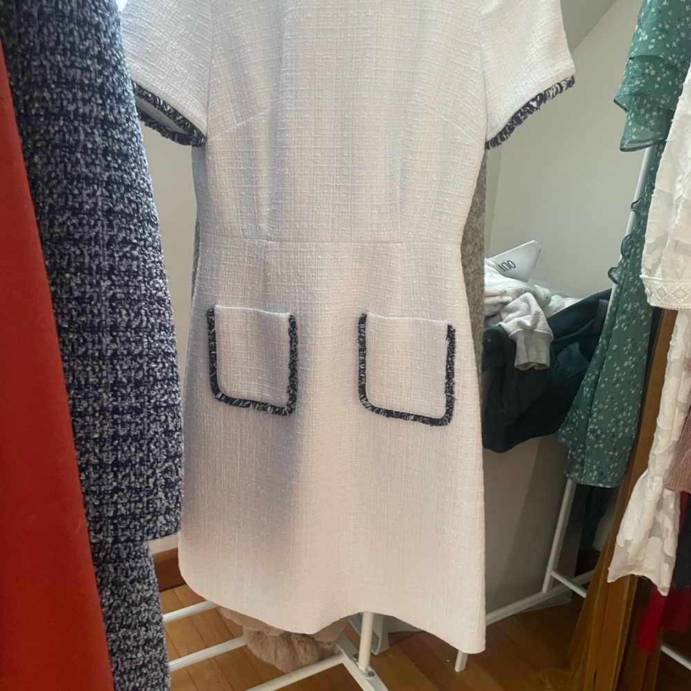 Chic White Dress with blue tweed, Brooks Brothers